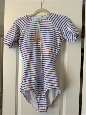 Kona Sol White Short-Sleeve One-Piece with Blue and Red Stripes